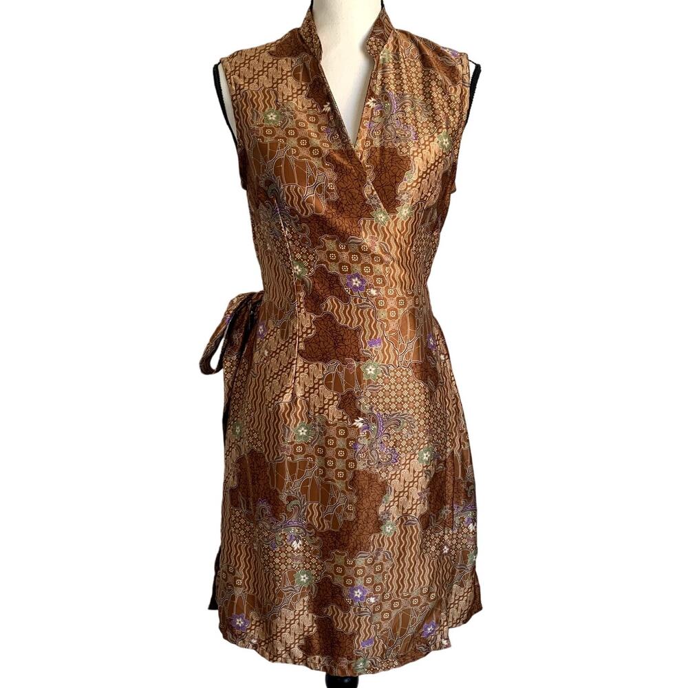 Vintage Portobello Satin‎ Floral Geometric Mini Wrap Dress in Bronze